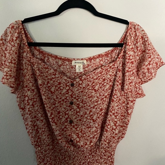 Monteau Ditsy Print Peasant Blouse M Floral Cottage Coquette Off Shoulder Crop - Picture 5 of 6
